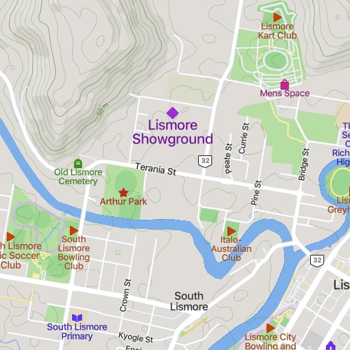 Map showing Lismore Showground